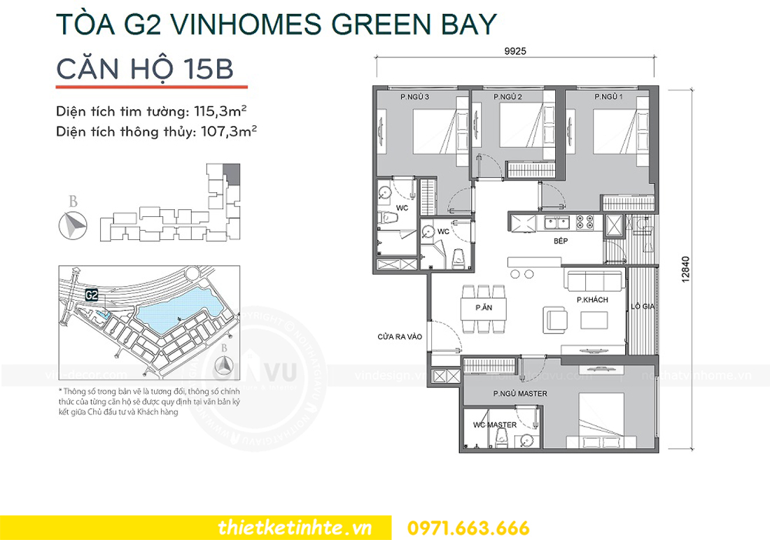 mặt bằng căn hộ 15B tòa G2 Vinhomes Green Bay