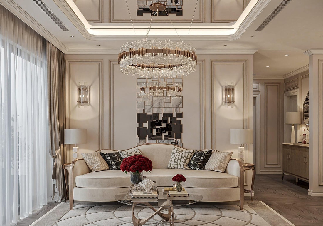 phòng khách căn hộ sang trọng với bộ sofa phong cách Luxury