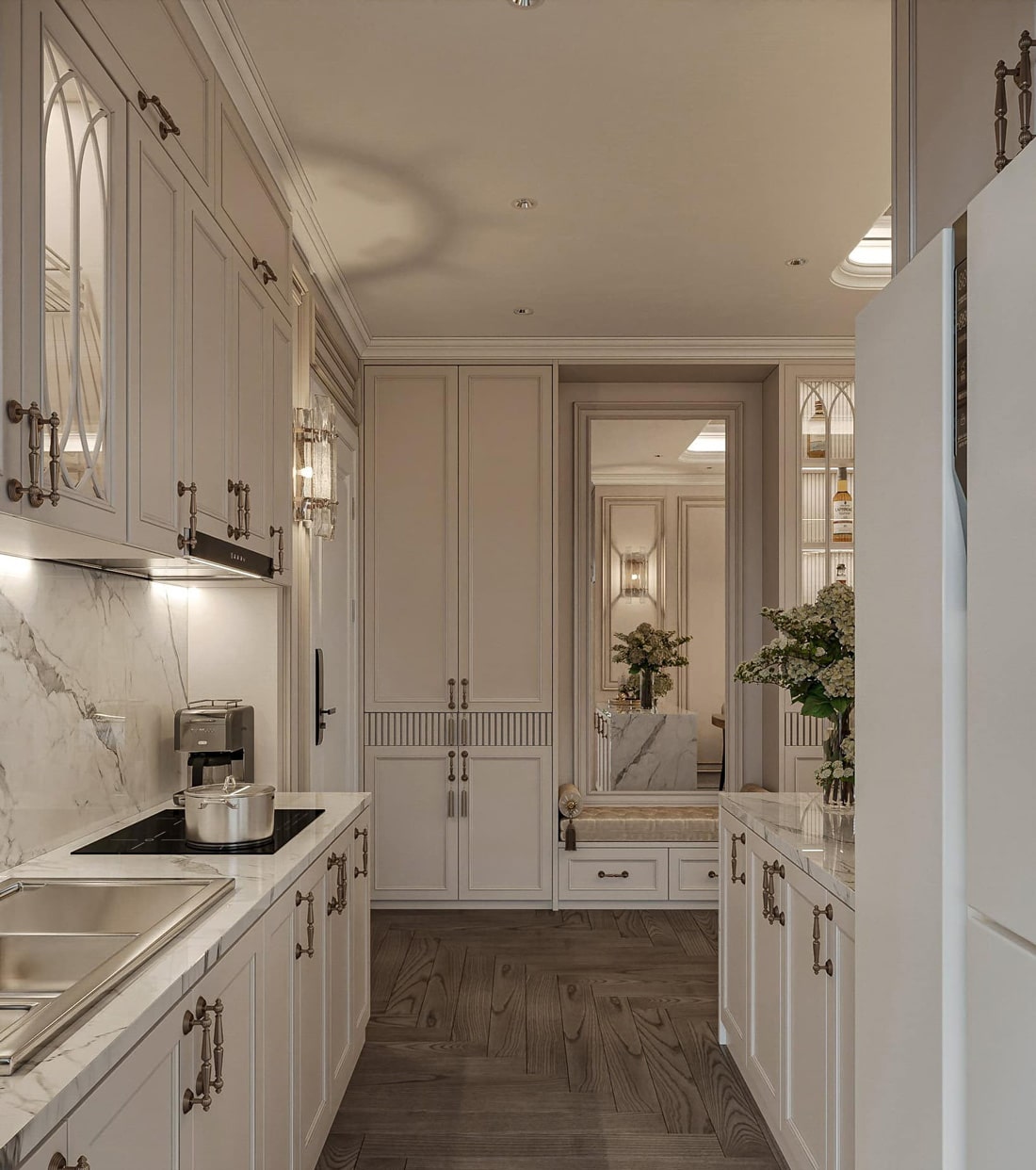 thiết kế tủ bếp sang trọng với tông màu trắng